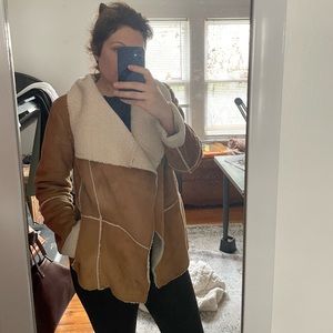 Prana Womens Faux Suede Sherpa Lined Open Front Drape Coat Boho in Cumin